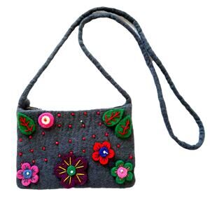 Artisan Colorful Felt Flower and Petal Boho Cottage Fairy Crossbody Purse